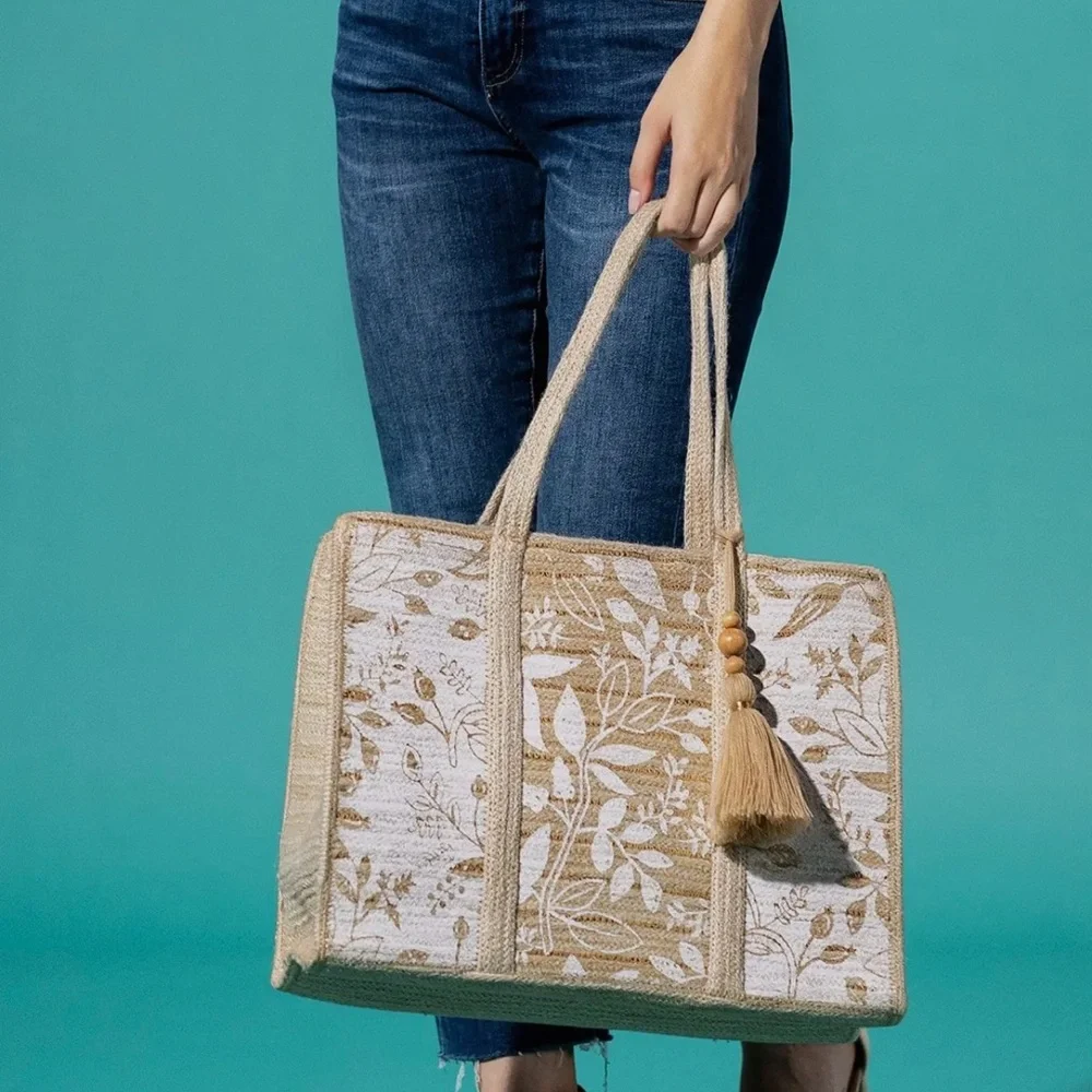 Jute Shoulder Floral Bag Beige NWT - Picture 6 of 16